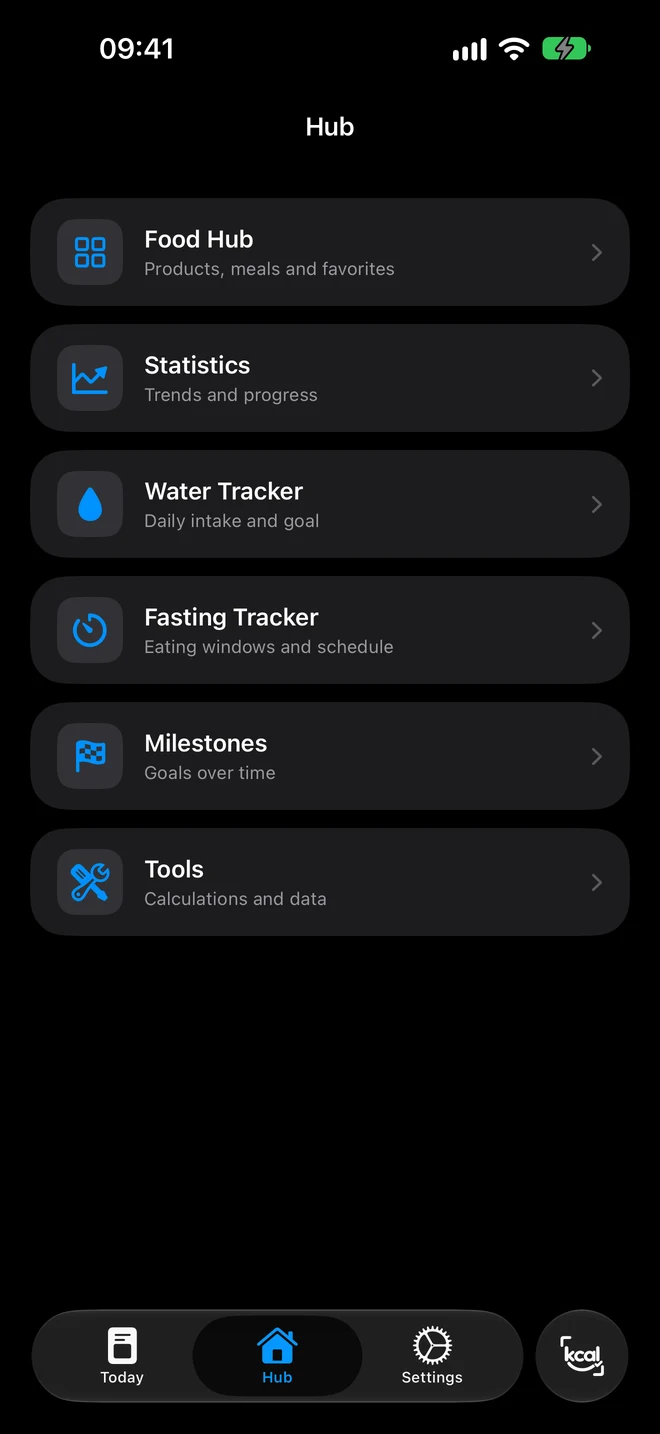Hub: Food Hub, statistics, water and fasting trackers, milestones