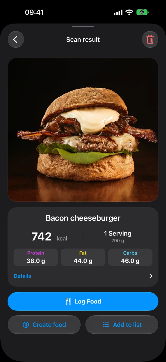 Scan result: bacon cheeseburger, 742 kcal