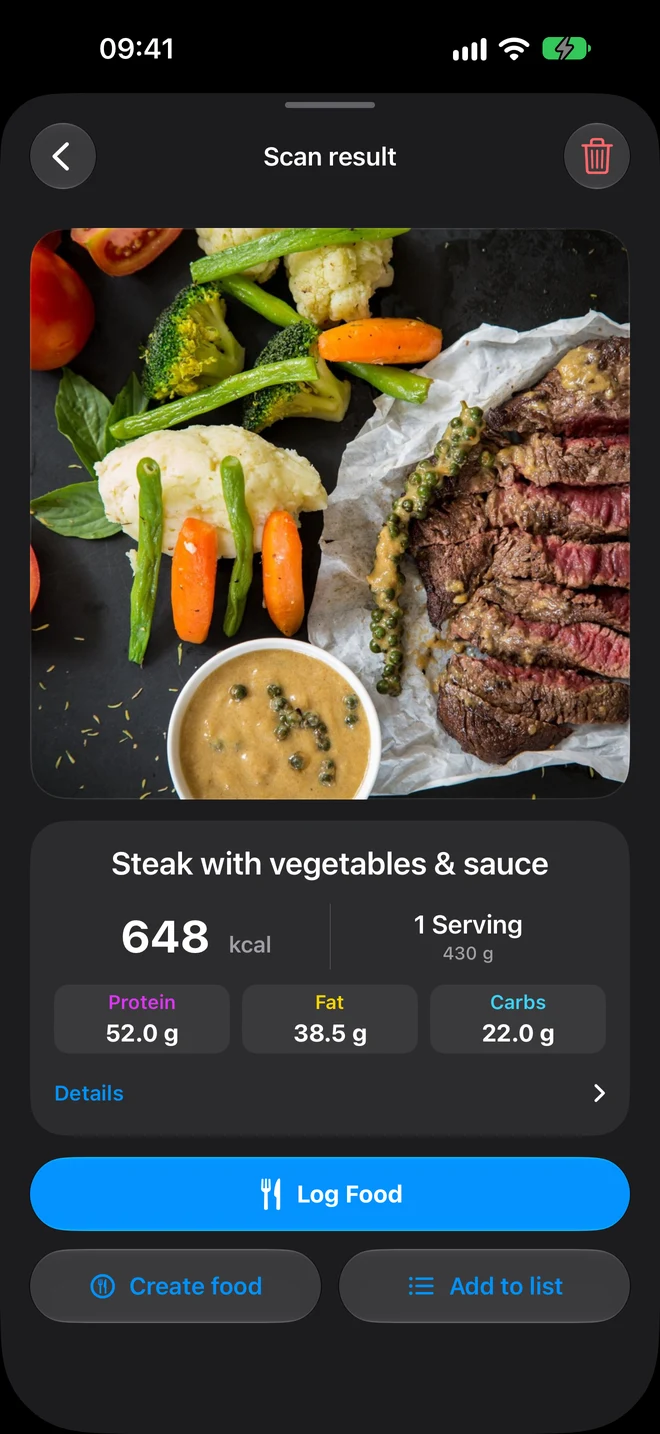 Scan result: steak with vegetables, 648 kcal